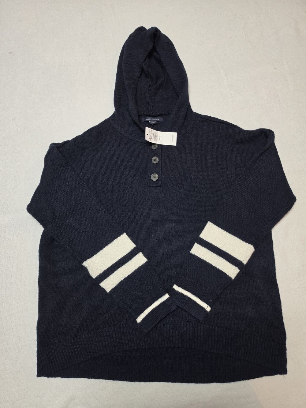 NWT American Eagle Women’s XS Navy Hooded Sweater Henley Pullover Stripe Cuffs